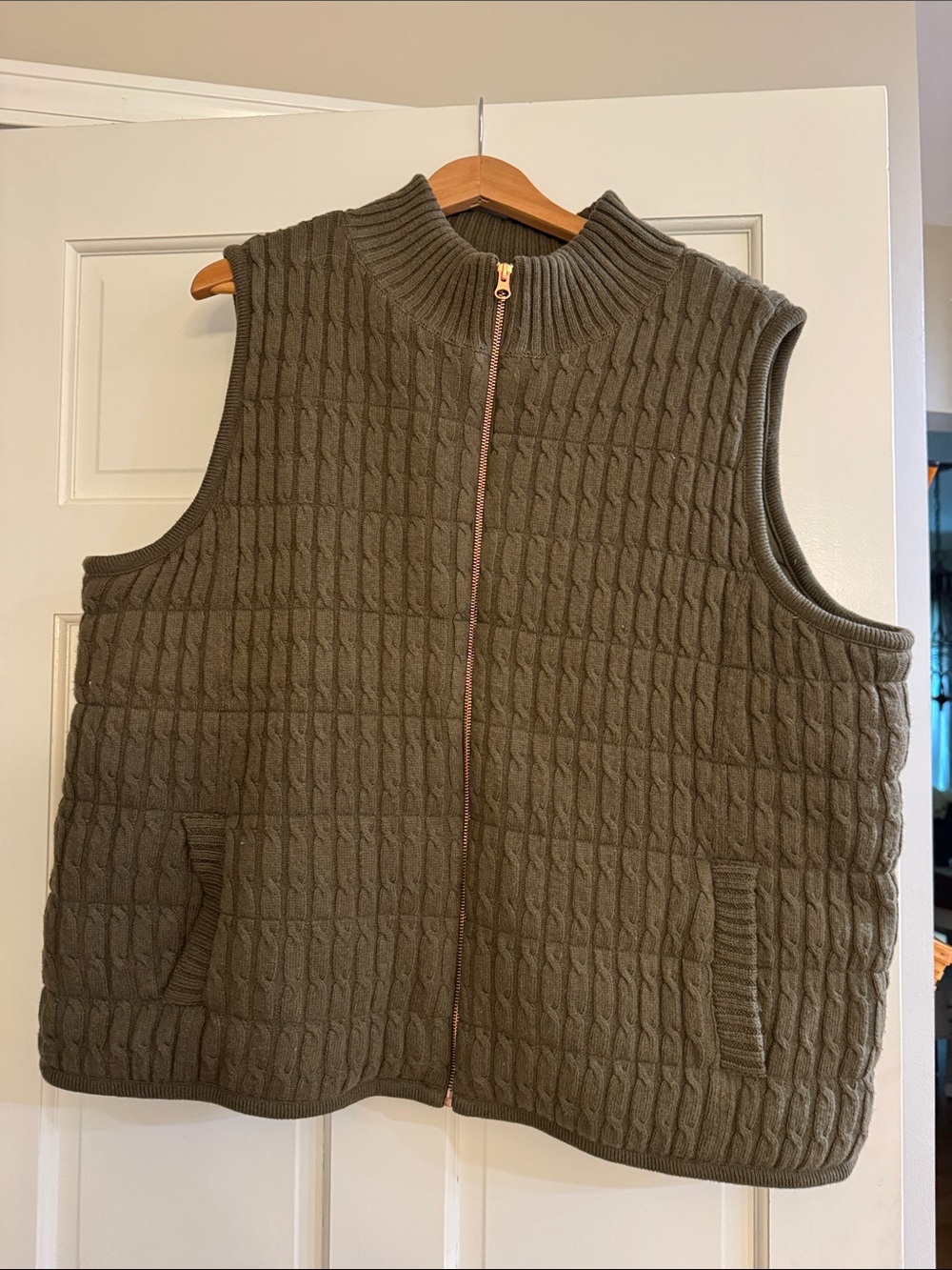 Talbots Olive Green Quilted Cable-Knit Zip Front Vest